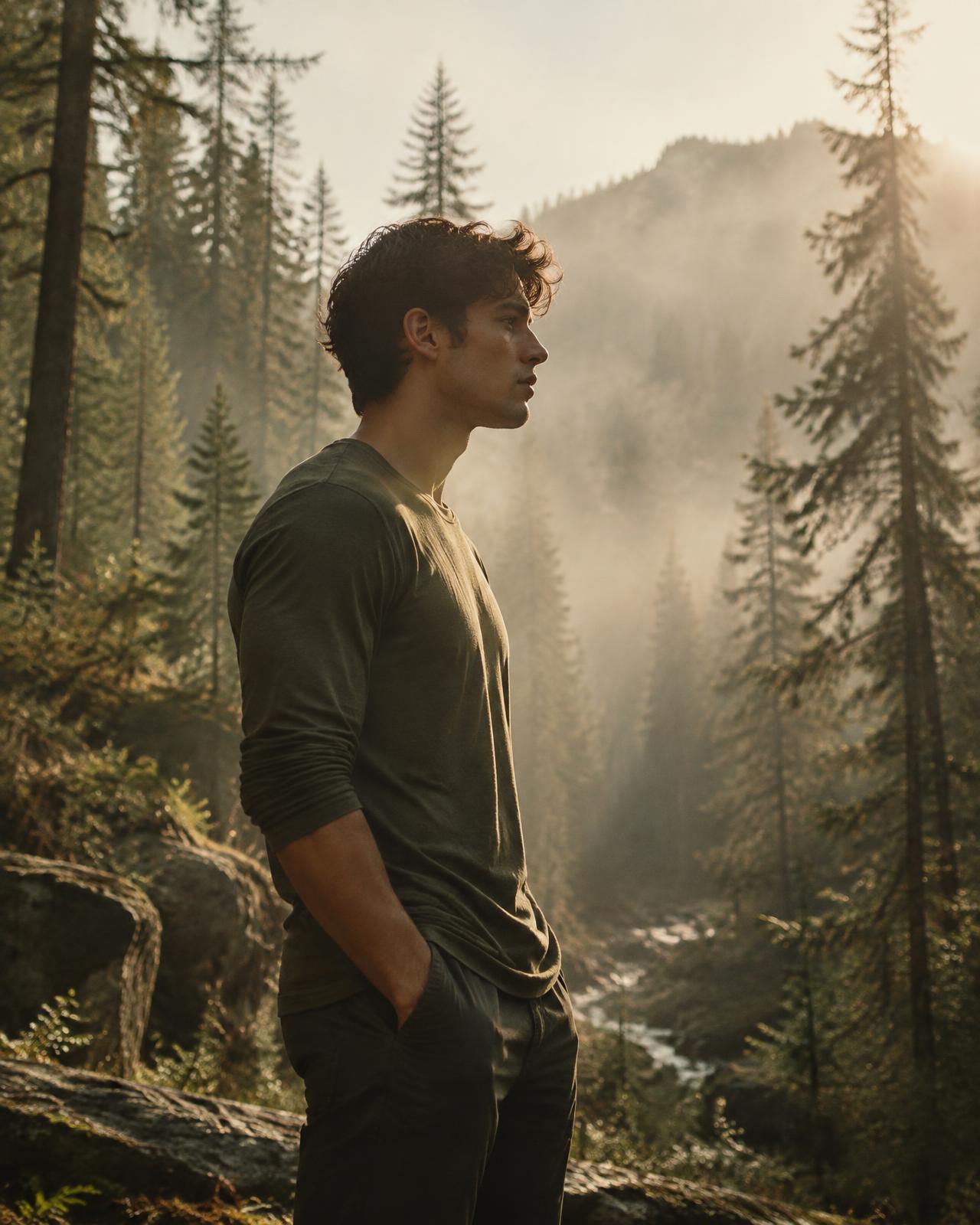 Man in a misty forest at sunrise